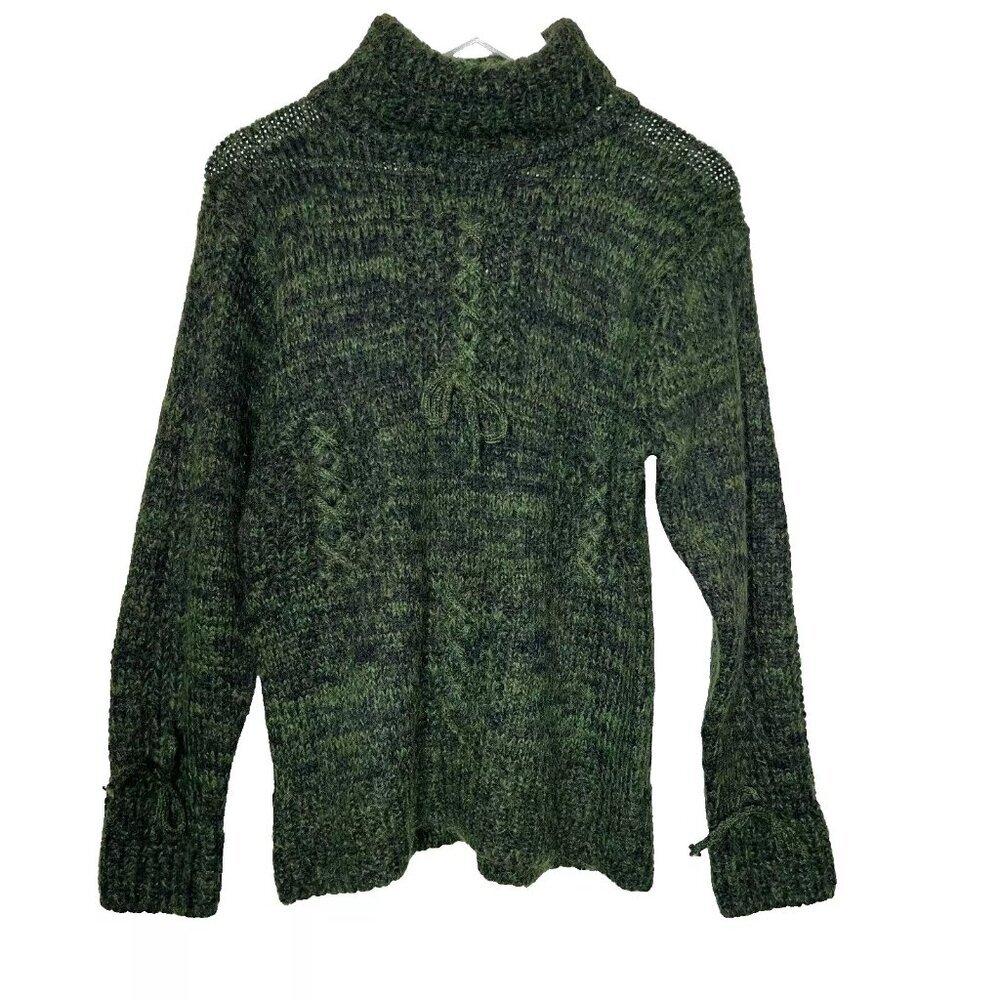 Handmade Wool Knit Jumper Sweater Green Marled Lacing Whimsigoth Autumn Fall - L